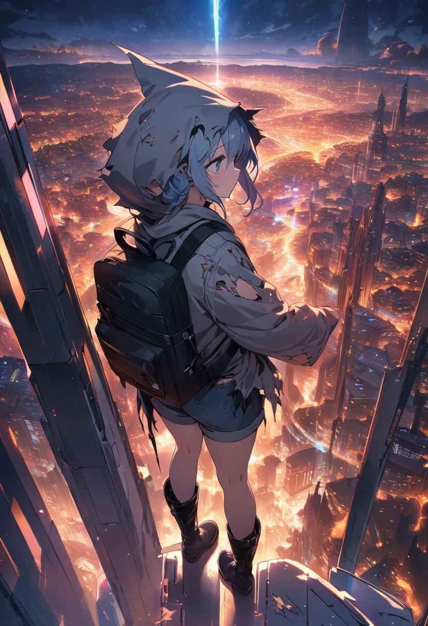 score_9, score_8_up, score_7_up, score_anime, masterpiece, top quality, delicate illustration, sharp lines, sharp focus, BREAK, a traveling girl wandering in the endless night world, the girl wears a hood and has a lot of stuff in her backpack, night , fantastic landscape, beautiful scenery, harmony with nature, spectacular view, futuristic city, (((torn clothes))), (((torn hood))),shorts,boots