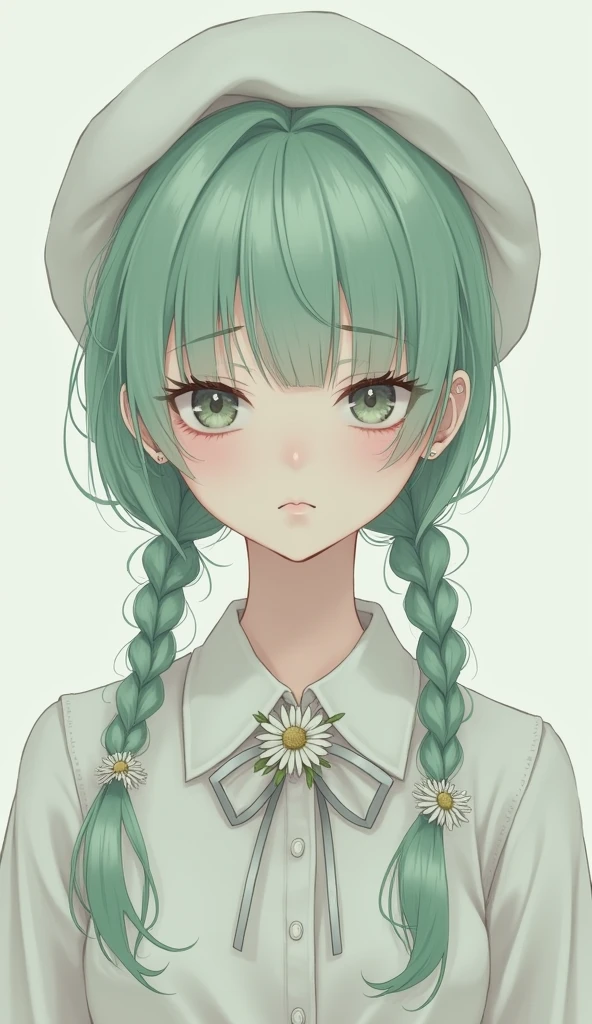 1girl, (bags under eyes:1.5), mint green hair, twin_braid, white beret, white shirt, flower necktie