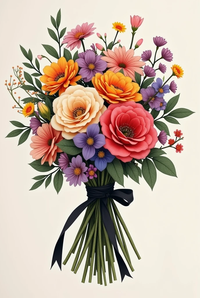 A small bouquet of flowers that is all wrapped in a black tie as a tattoo idea