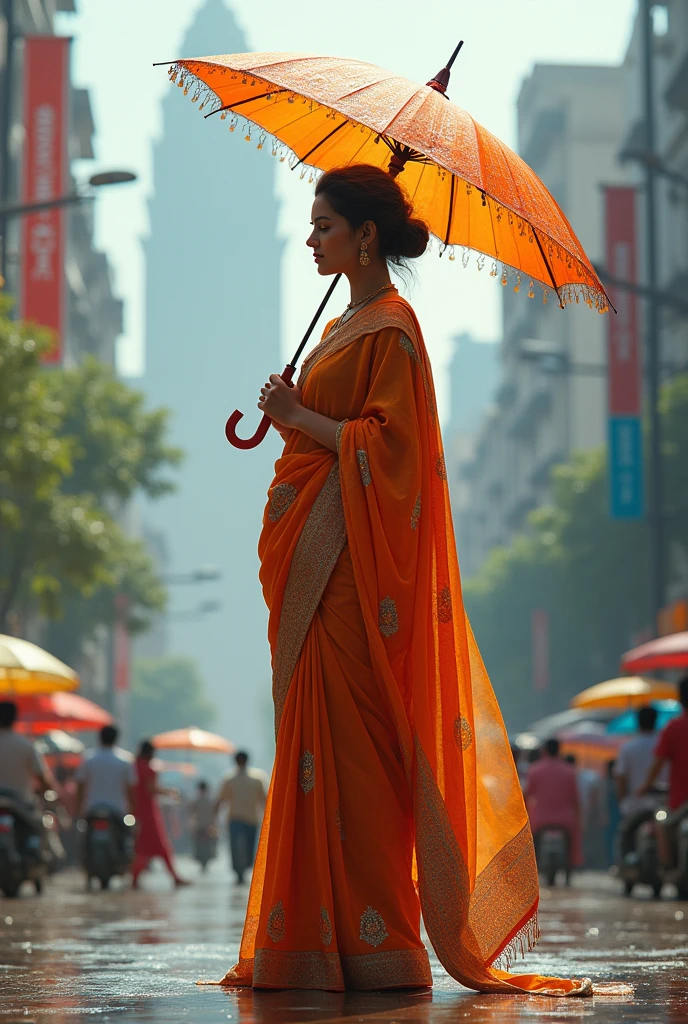 A saree girl back with umbrella waiting in the city