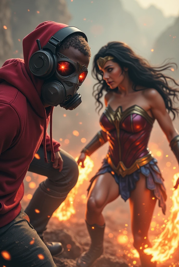 Young Kid with red hoodie, headphones, star-lord helmet, gas helmet, covered mouth, round red eyes, Red eyes, magic rings in the hands and rocket boots, Vs, wonder woman, big breasts, Fighting, power, fiction, full body, hight, fire in boots, poweful spells, realistic