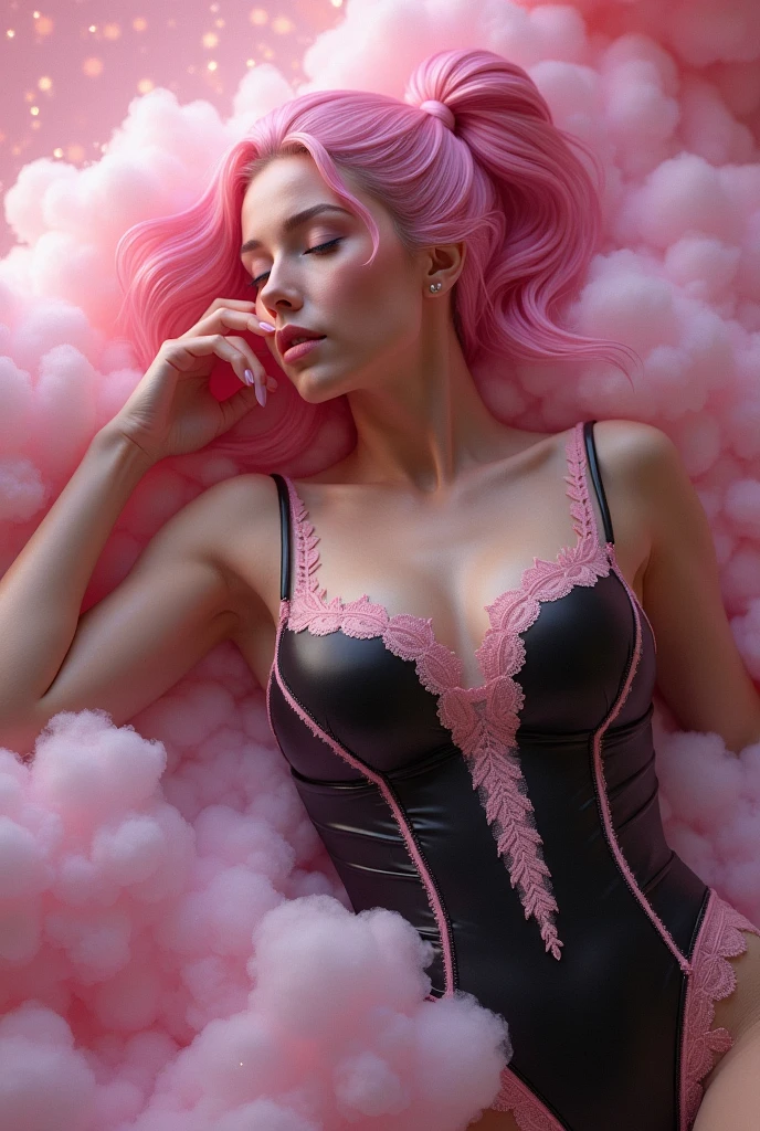 A glamorous model with very large breasts, representing Sleeping Beauty, resting lying down in a deep sleep but with a modern and futuristic appearance. She is wearing a futuristically designed tight latex bodysuit in a soft pink and black tone., Adorned with delicate lace details that run along your figure, creating a contrast between the contemporary and the classic. Her pink hair is pulled back into an elegant ponytail., with loose locks falling softly around her face, giving it a youthful and dynamic touch. His expression is serene and enigmatic, with eyes closed as if dreaming. The visual style of the image follows the characteristic aesthetics of J.. Scott Campbell, with soft lines and special attention to the femininity and sensuality of the figure. The background suggests a futuristic fairy tale setting, with ethereal tones and subtle sparkles, as if floating in a dream world, Surrounded by advanced technology mixed with natural and magical elements