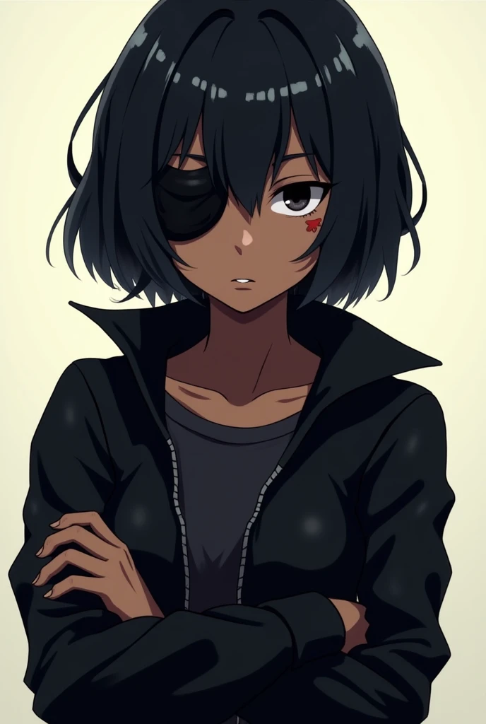 an anime girl with dark skin, arms crossed, wearing black clothes and jacket, black eyes, scar on her face, using a eye patch, short hair