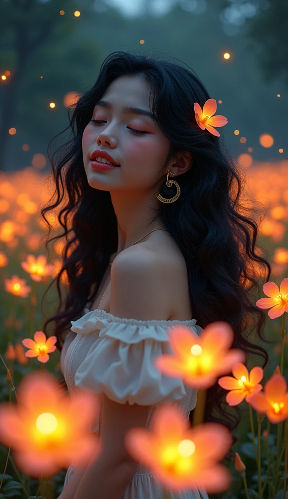  1girl, Solo, High Resolution, Masterpiece, Accurate, Best Quality, Award Winning, Long Hair, Black Hair, Curly Hair, Crescent Earrings, Closed Eyes, Light Smile, Tearing Up, POV, Multiple Views, Hair Flower, Sparkle, Bloom, Blending, standing in the middle of the plameria flied, night, fireflies,Feet Out Of Frame, 