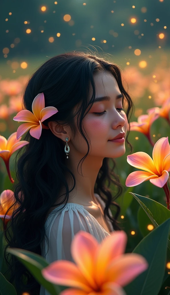  1girl, Solo, High Resolution, Masterpiece, Accurate, Best Quality, Award Winning, Long Hair, Black Hair, Curly Hair, Crescent Earrings, Closed Eyes, Light Smile, Tearing Up, POV, Multiple Views, Hair Flower, Sparkle, Bloom, Blending, standing in the middle of the plameria flied, night, fireflies,Feet Out Of Frame, 