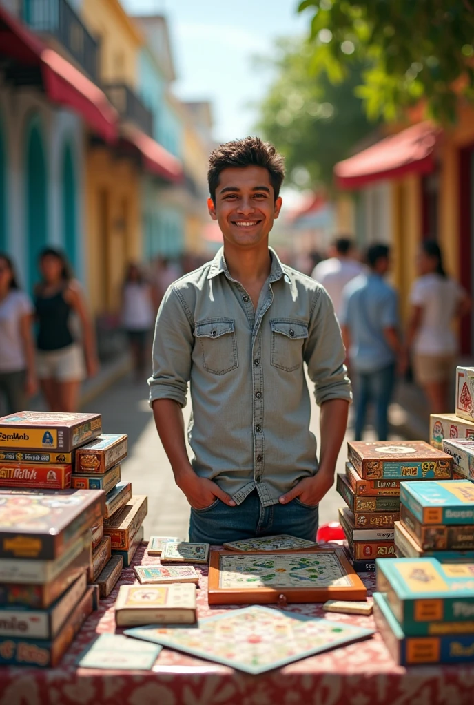 Young man selling living room games, dining room games in cartagena city colombia 