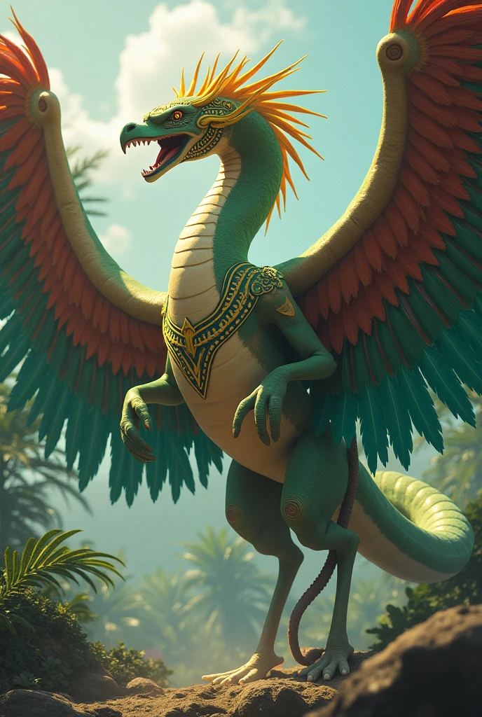 an animal with pokemon style, snake with feathers in its skin, with tribu decoration, god vibes, green, in a tribu, angry, with gold in the head, a necklace or feathers in its neck, with wings with green and red, skinny, a snake that flies, more angry, big, enormous, flying