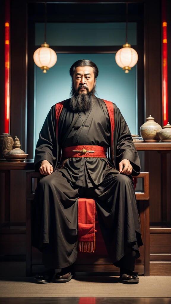 Confucius, is sitting. The face and body are clearly visible, you can see all the details, everything is clear and proportional, he teaches, futuristic chinese style background , light and bright tones