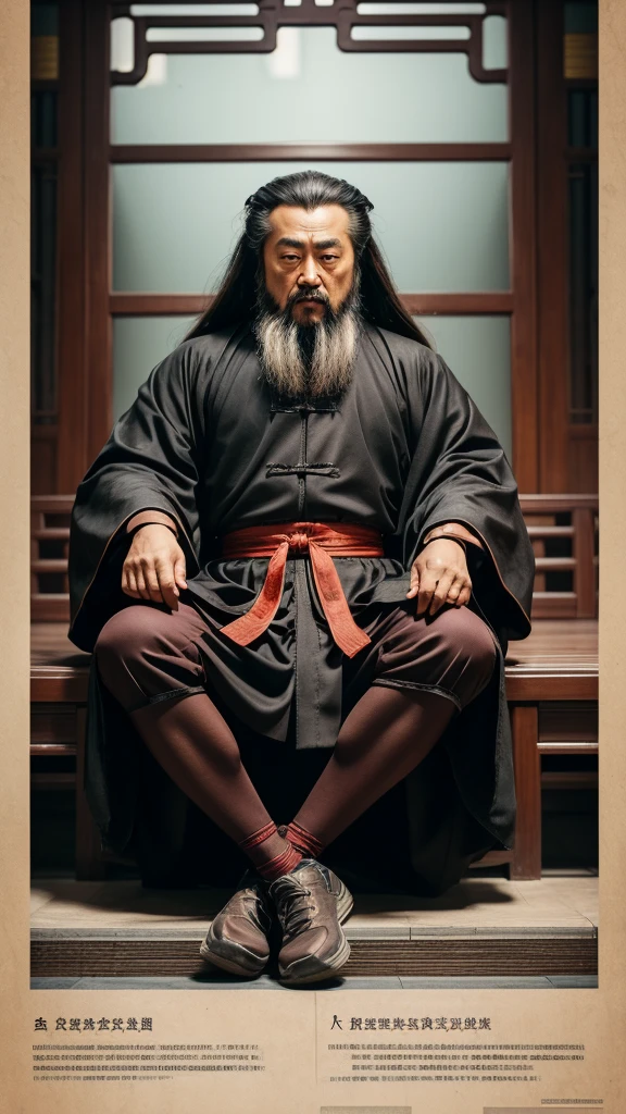 Confucius, is sitting. The face and body are clearly visible, you can see all the details, everything is clear and proportional, he teaches, futuristic chinese style background , light and bright tones