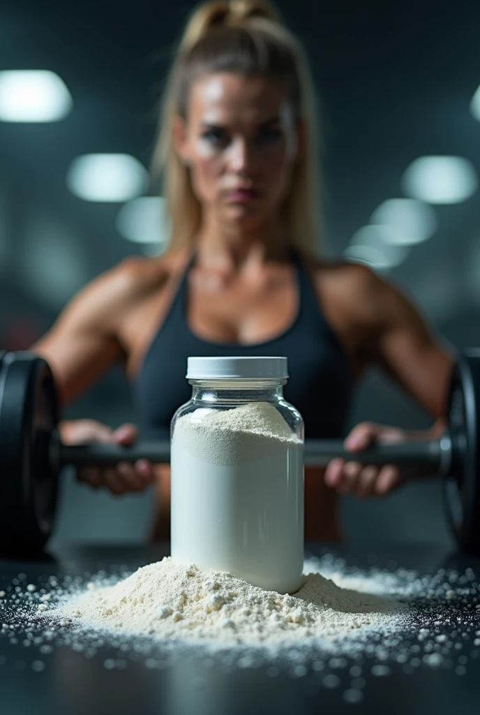 small supplement jar on top of bodybuilding equipment with white powder spilled on it with a strong woman behind in a gym with blurred image