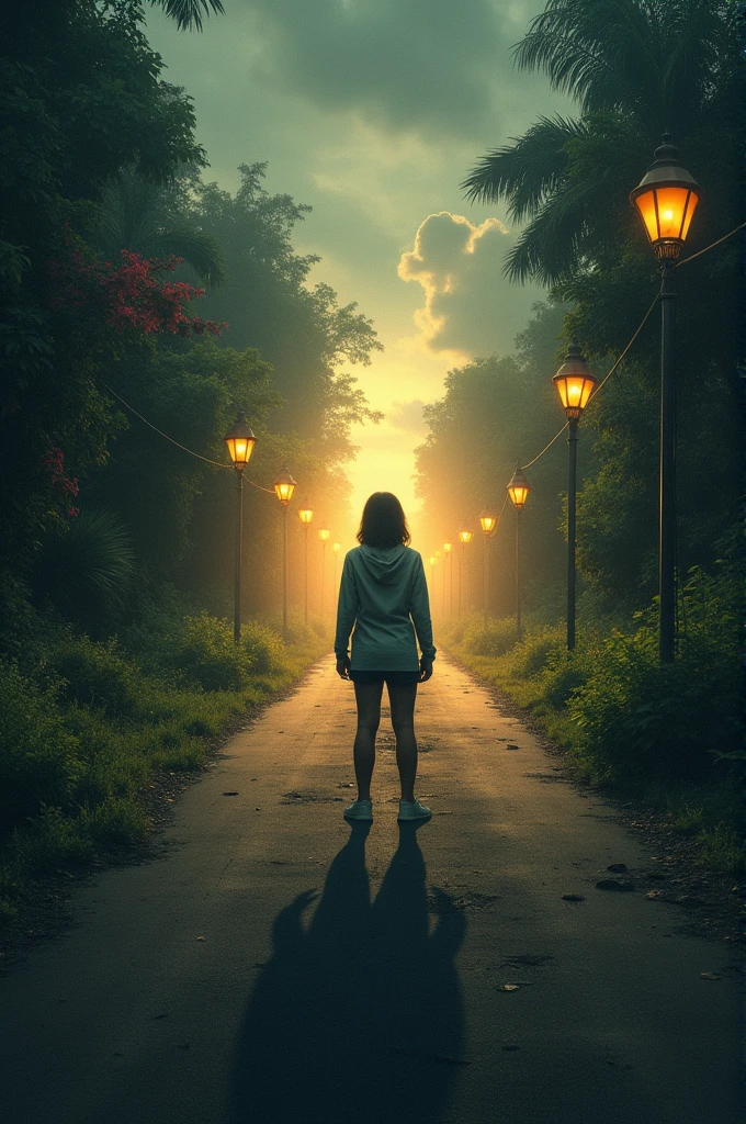 Depict a crossroads for a ager, where one path leads to success, beauty, and light, and the other path leads to addiction, darkness, and despair.