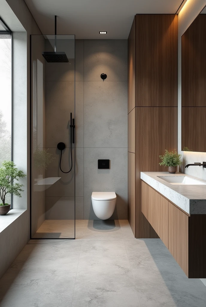 bathroom modern, ultra-realistic , 8k, ultra realistic render , 4K , photo realist  , metal therefore , matte gray floor , stone countertop , small window with frosted glass , moderno , luxurious , a wall-hung toilet , wood panel , wide perspective , glass shower enclosure to the ceiling 