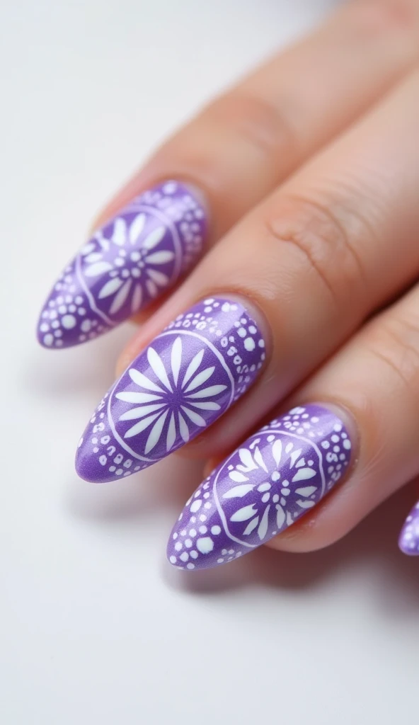 Create a Talavera style nail design in lilac colors in an almond shape with a white background 
