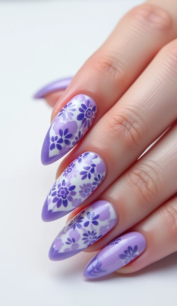 Create a Talavera style nail design in lilac colors in an almond shape with a white background