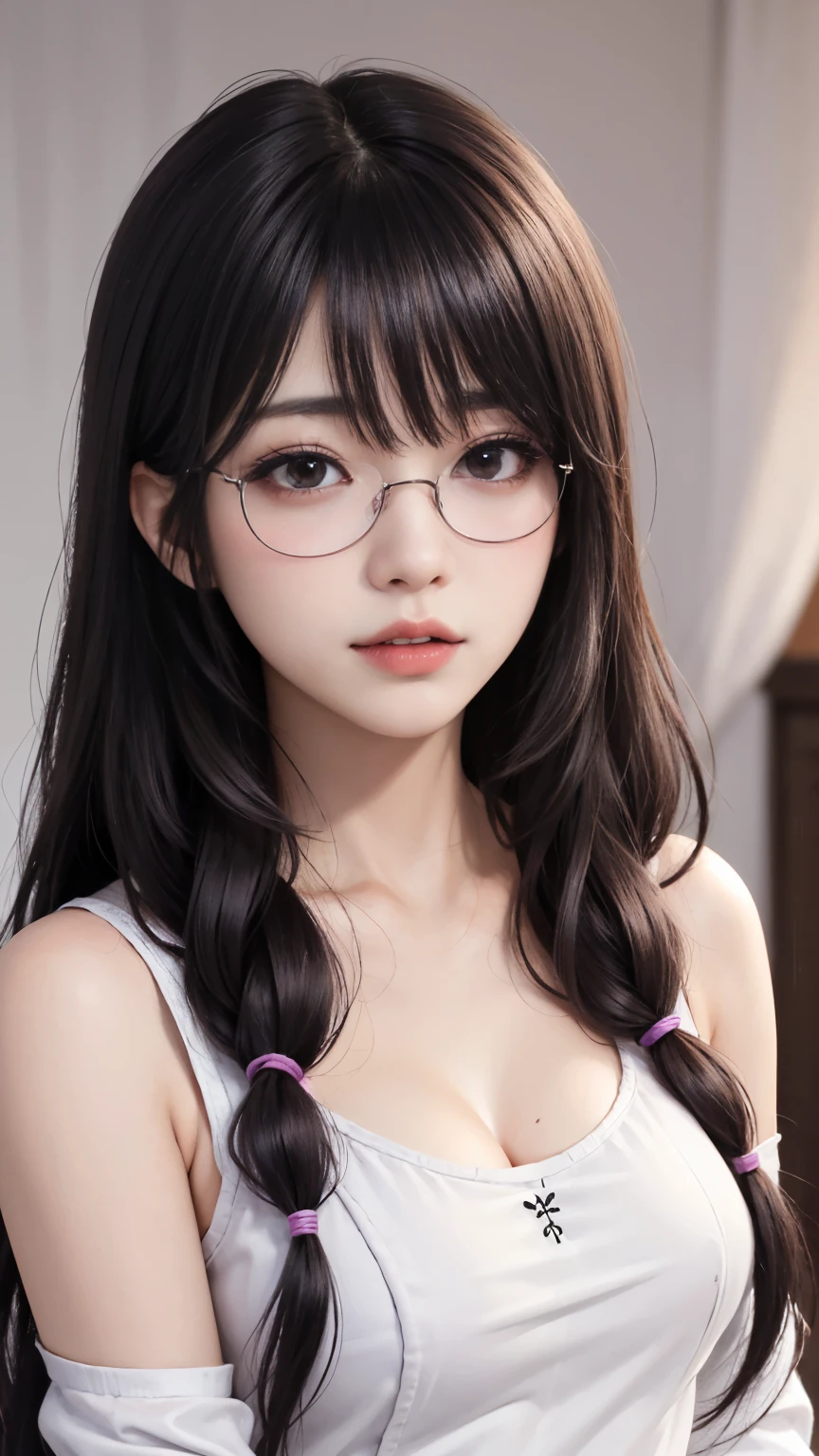 background（黒いnight空，Big Moon），Close-up of a woman，Wearing a white shirt、Purple Hair，Very long hair，very thick braids，Purple eyes，big ，((Glasses))、realistic girl rendering, 8k artistic german bokeh, Enchanting girl, Real Girl, Gurwitz, Gurwitz-style artwork, Girl Roleplay, Realistic 3D style, cgstation Popular Topics,, 8K Portrait Rendering,（truth，truth：1.4），Wear pink pajamas，巨big ，Sparkling eyes，Purple eyes、Captivating beauty、Attractive adult woman、Beautiful woman、Cool girl、evil female、brainwashingされた、brainwashing、Fallen into evil、Grin、邪evilな表現、邪evilな笑顔、evil、Brown Hair、Wavy Hair、Swept-apart bangs、Heavy makeup、Heavy makeup、Sharp Eye、Hollow Eyes,Half-closed eyes、Hollow Eyes、Purple Eyeshadow、Black lipstick、black lip gloss、Long black cheongsam、Wide sleeves、night、Spooky Fortressscape Brush、Compensate、Are standing、