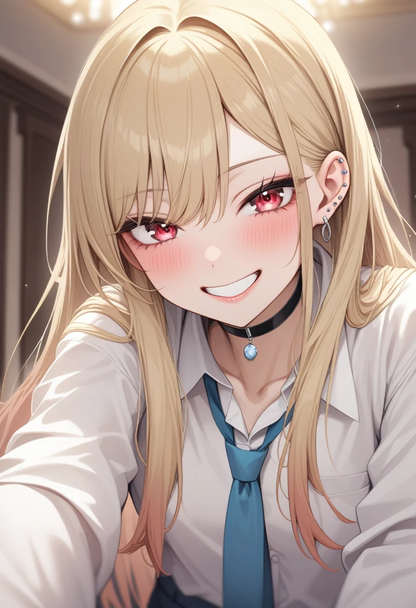 (masterpiece, Highest quality, Very artistic, Super detailed, Intricate details), One girl, Kitagawa Umi, Kitagawa Marine, The Doll Falls in Love, sono bisque doll wa koi wo suru, Long Hair, Beautiful blonde, Red eyes, Ear piercing, Barbell Piercing, Black choker, Collared shirt, White shirt, Blue tie, smile, Grin, Upper Body, Looking at the camera, turn around,