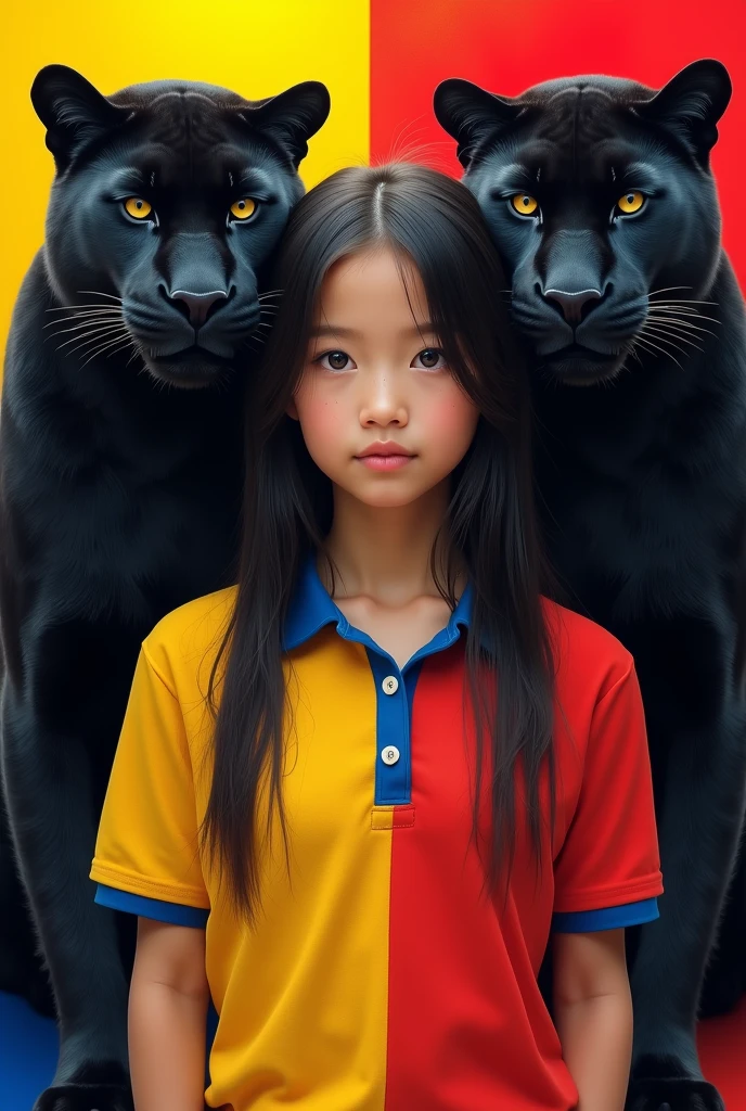 A girl with white skin and long straight black hair without bangs with honey-colored eyes and a polo shirt in the color of the country Colombia and black panthers on each side of the girl, full image and the Colombian flag in the background