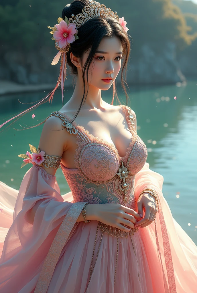 Chinese girl with coins gold , thick body, curvy body, curvy waist, big breast, white skin, gorgeous costumes embroidered with intricate embroidery, exposed breasts, flowing tulle, transparent long colorful ribbons tied on the arms, inspired by cinderella, showing navel, bare shoulders, bare neck, hair in a high bun with flower hairpins, ribbons on arm rings, wreaths, bracelets, anklets, high heels, metal chain tassels on the waist, Mogao Grottoes art, ink painting, cgstation pop, in the night beach, ((fullbody)), ((super realistic))