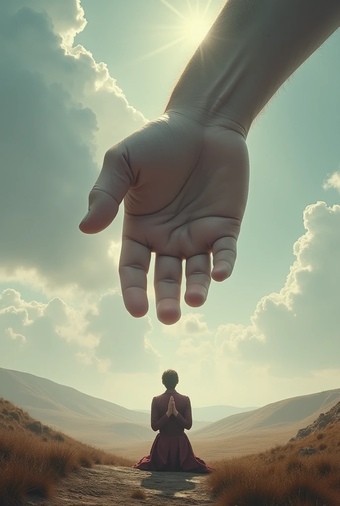 (photorealism:1.2), (4k) Giant hand falling from the sky and seeing a person praying