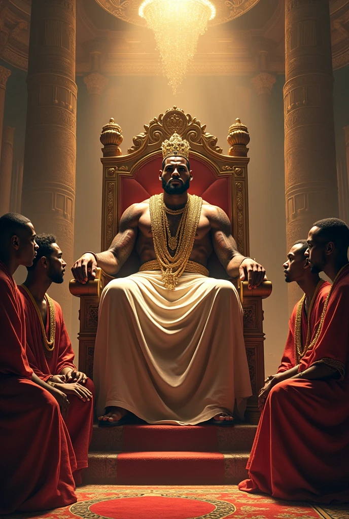 I need a picture of LeBron James sitting like an ancient god on a throne with a king's crown. And there are Micheal Jordan Kobe Bryant Stephen Curry Kareem Abdul Jabbar kneeling before