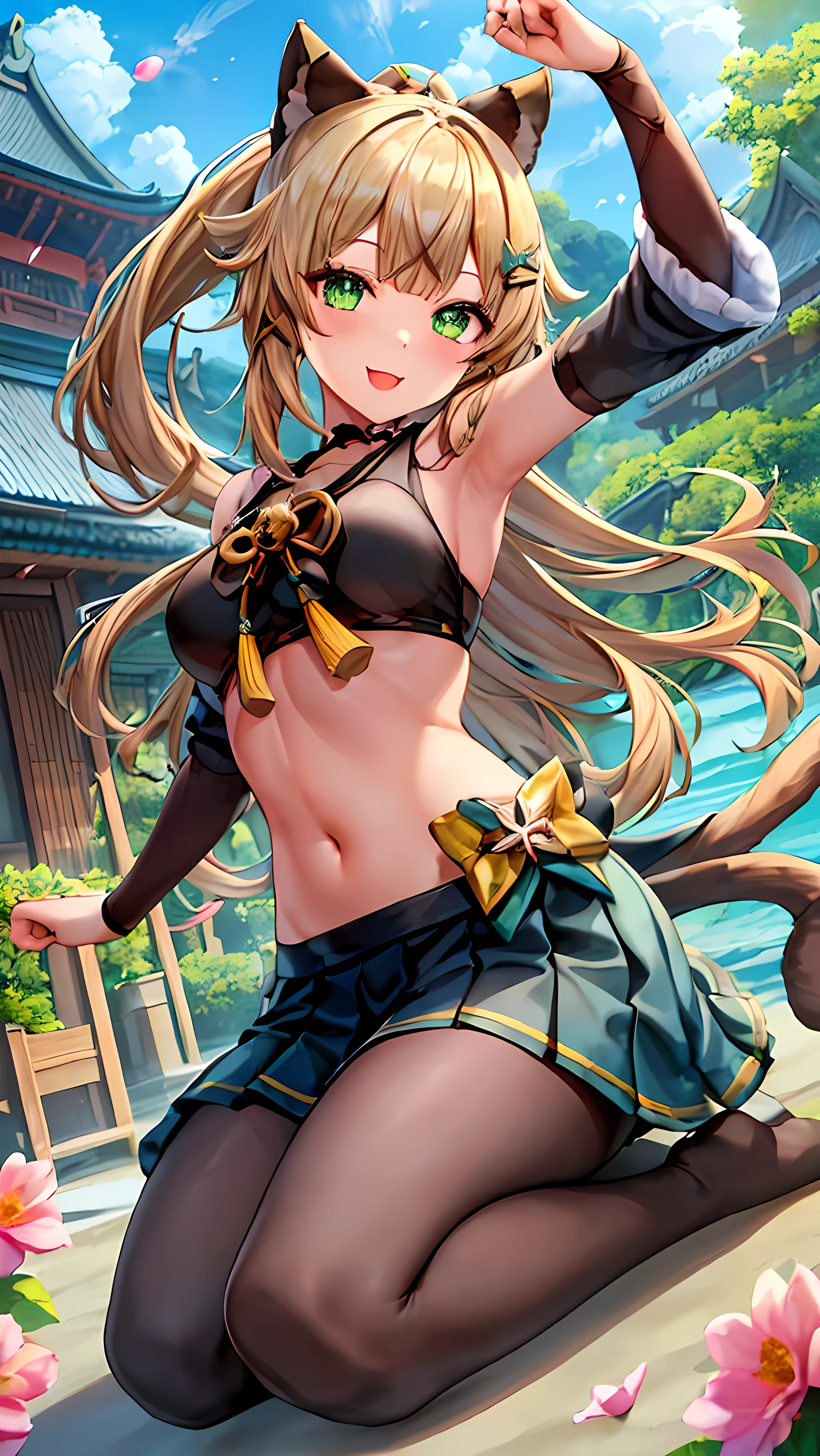 Realistic image, Consistent image, Detailed Images, 1 girl, She has pale ash blonde hair growing in clumps.、Has green eyes, Some of her hair is tied up in a high ponytail.. She is wearing brown cat ears decorated with gold and flowers.. She has some yellow and brown hairpins in her hair., There is also a flower-shaped clip on the right side of her hair.. She has a delicate oval face, blush, smile, She wears a crop top, Pleated mini skirt, Long Stockings, Medium chest, Curved body, Thick thighs, Embarrassing pose, , BREAK つやのある瞳, Beautiful Eyes, Enchanting, Erotic, つやつやな肌 BREAK indoors, BREAK looking at viewer, (Dynamic Angle, whole body:1.5), smile, Composition from below, Thighs, sexly, BREAK (masterpiece:1.2), Highest quality, High resolution, unity 8k wallpaper, (figure:0.8), (Beautiful fine grain:1.6), Highly detailed face, Perfect lighting, Highly detailed CG, (Perfect hands, Perfect Anatomy) BREAK ((masterpiece,Highest quality)), Super detailed, Shine, shine, Ray Tracing, (Perfect Face, Detailed face, Fine grain, Perfect hands, Perfect Fingers:1.5), HD, Super cute face, Highest quality, Super detailed, BREAK Shine目, (highest quality realistic illustrations), (Super fine), (Cute illustrations:1.3), (High chroma:1.3), BREAK 詳細な美しい顔と目, Dynamic lighting, (Very delicate and beautiful), BREAK (Nice hands), (Perfect hands:1.4), Highly detailed illustration, Super cute and beautiful, Highest quality, Slender, petite,ベビーフェイス BREAK,(Resorts, beach, A house built on the sea, Southeast Asian architecture」:1.5), (Complex background, There are many elements in the background:1.2), ((Super detailed background)), ((8K wallpaper)),
