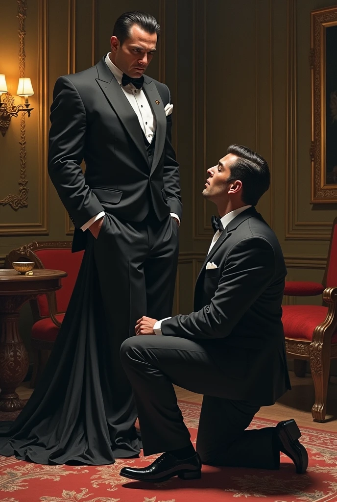 Drawing of a handsome mobster kneeling to a woman
