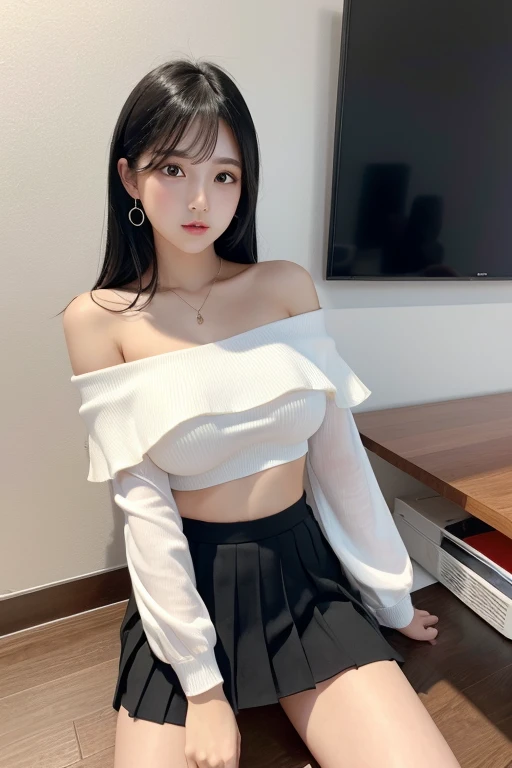 Top quality, ultra high resolution, (photorealistic: 1.4), one girl, white sweater, black pre-eight skirt, black choker, (faded ash-gray hair: 1), (small breasts: 1.2), look at the viewer, ((black tights))))