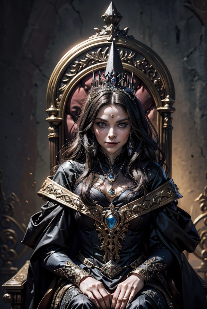 An evil queen woman sitting on a throne in the center of a village, near the throne the unusual looking inhabitants of the village, the woman is facing the camera with a sinister and mysterious smile,High Resolution, surreal inhabitants, From Side, High Resolution, Anatomically Correct, Best Quality, Super Detailed, 
