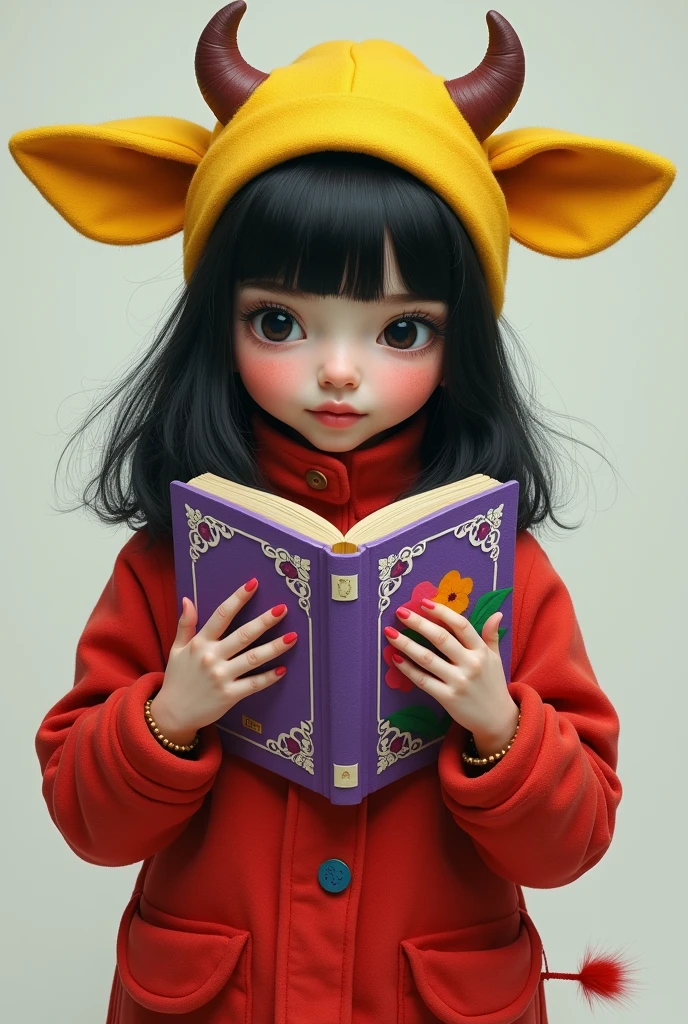 Make a girl, black hair, white skin, a thin red jacket and red pants, holding a book that says "Boulevard", that book has a range of colors of purple, white and a flower in the center. Also, that girl has a cow’s head-shaped cap on her head, the cap is yellow and the ears are yellow too