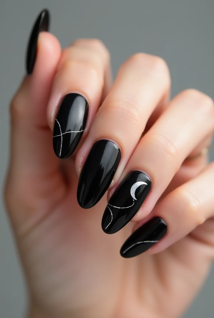 Black almond soft gel nails with simple drawings of a moon