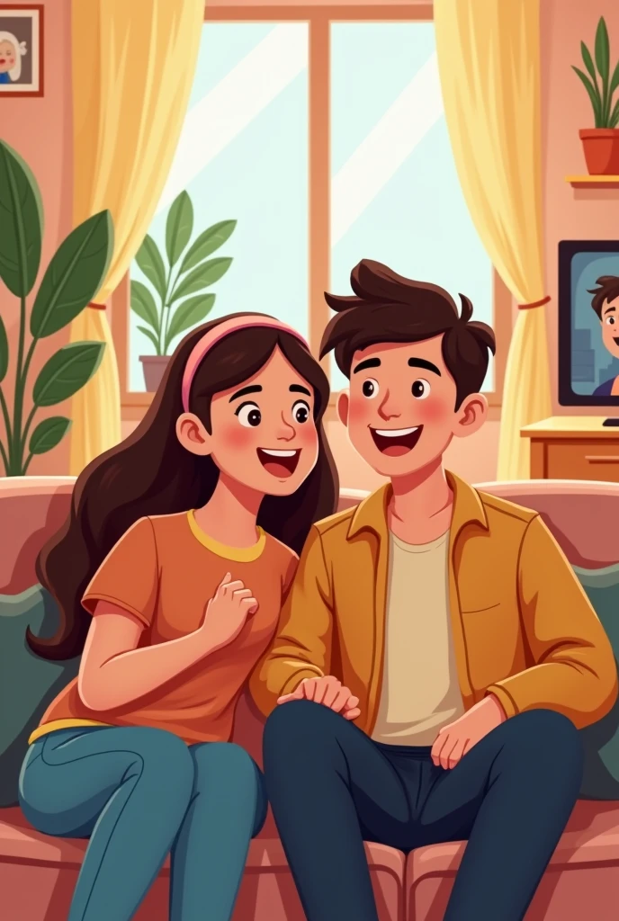 Living room couple watching tv smiling cartoon