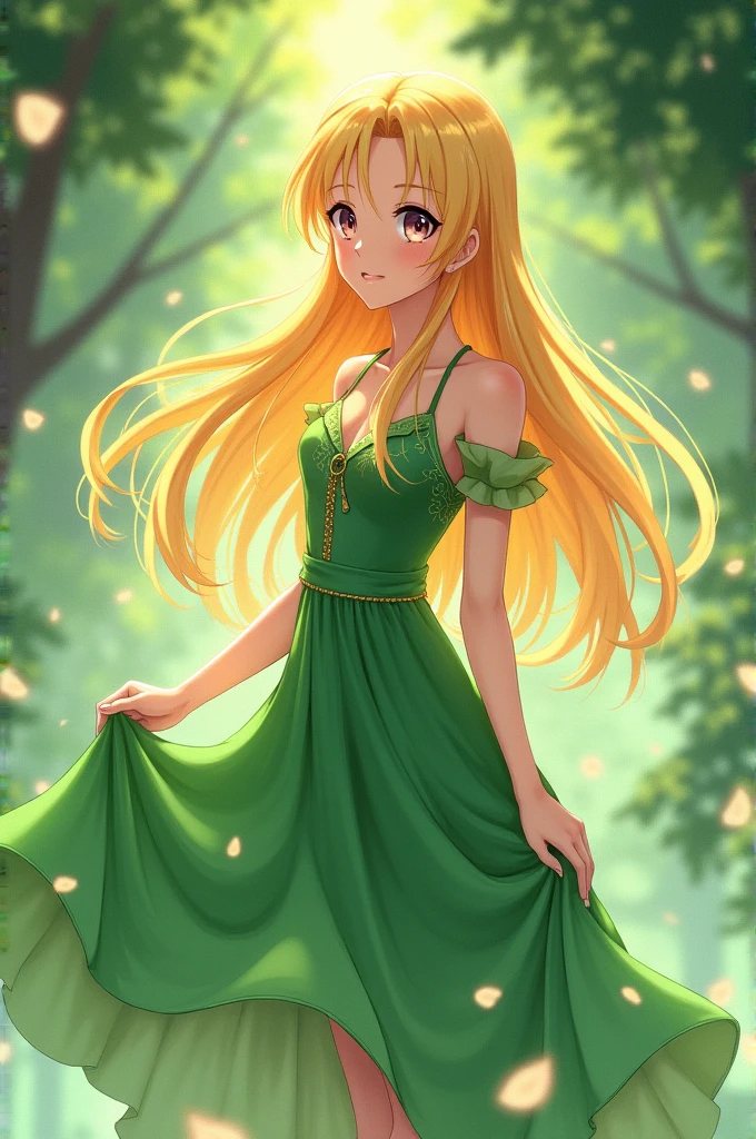 Blonde girl with yellow skin slim with green dress anime