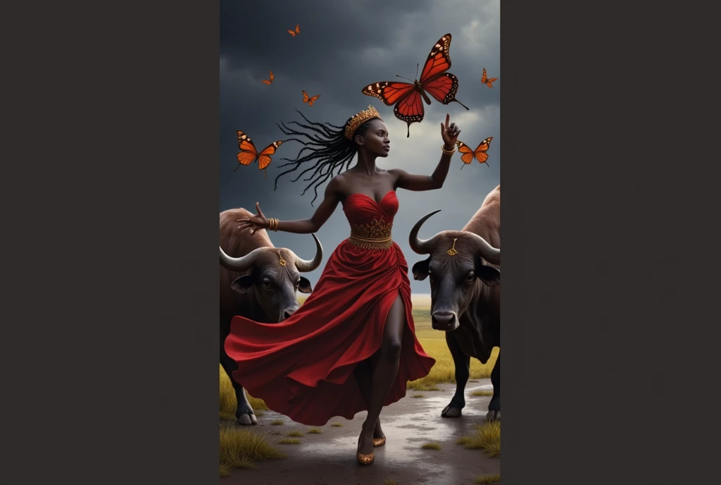 portrait of a woman in a red dress with bulls and butterflies around, african mythology, dark-skinned female goddess of love, Queen African, stunning african princess, Dona africana, black african princess, arte linda, african princess, featured art, Afrocentric mysticism, by Galen Dara, the butterfly goddess of fire, african arts, Stunning works of art, lover domme africana, goddess of lightning, Climatic face, defined hands