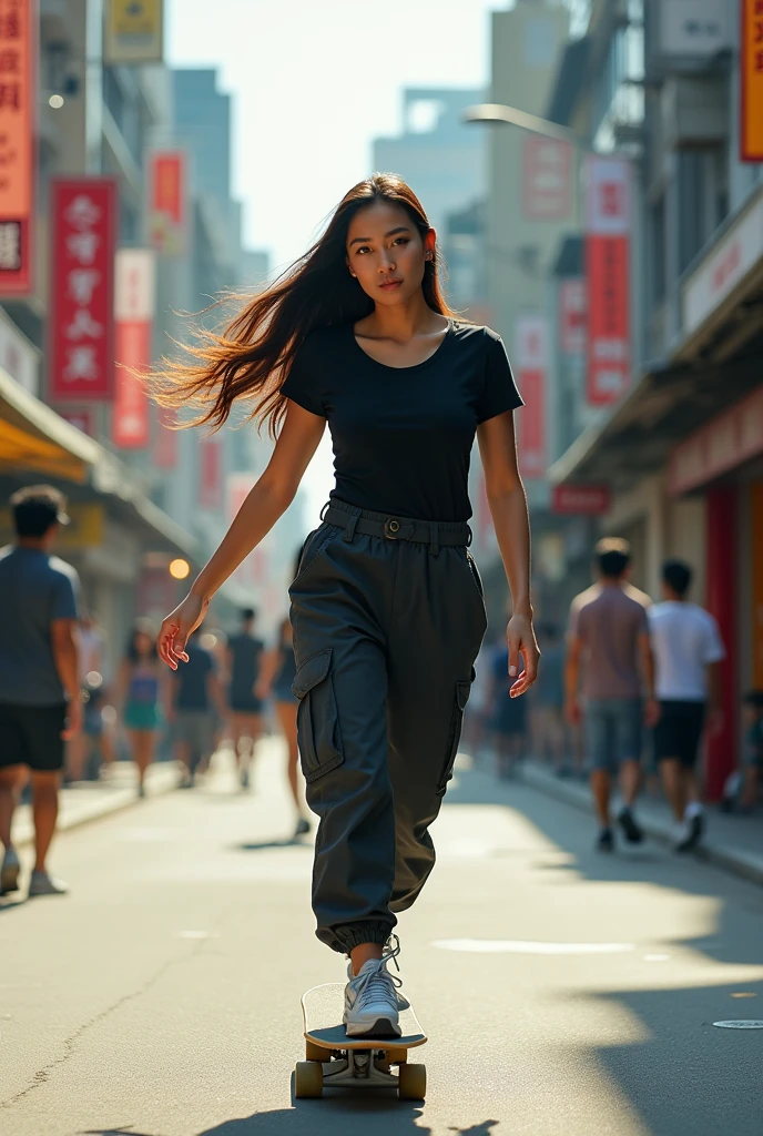 A beautiful Taiwanese woman with long hair. Fat body black t-shirt. thigh length cargo pants . athlete shoes. skateboarding  . City street background . Photography 3d resolusi hd 