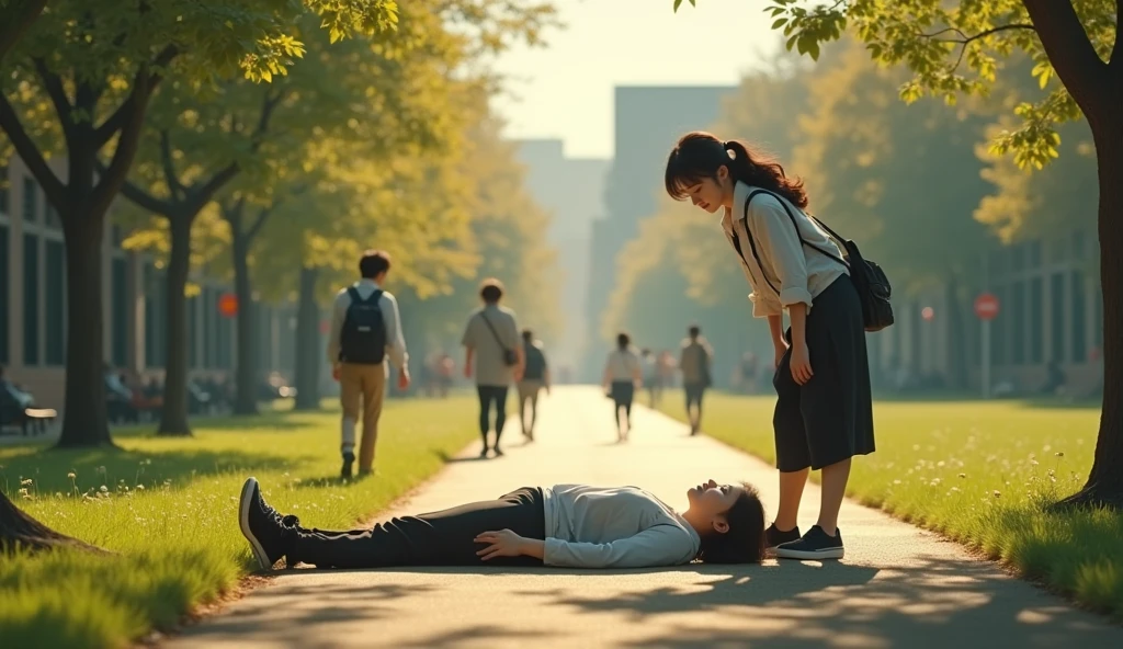 Scene 6: The University Grounds - Day

(The scene cuts to the next morning. The sun is shining, and students are going about their day as usual. Maya is found unconscious outside the abandoned building by her friend, Mei, who had been looking for her all night.) maya seed is 1342503350. mei is maya friend chinese young university girl.