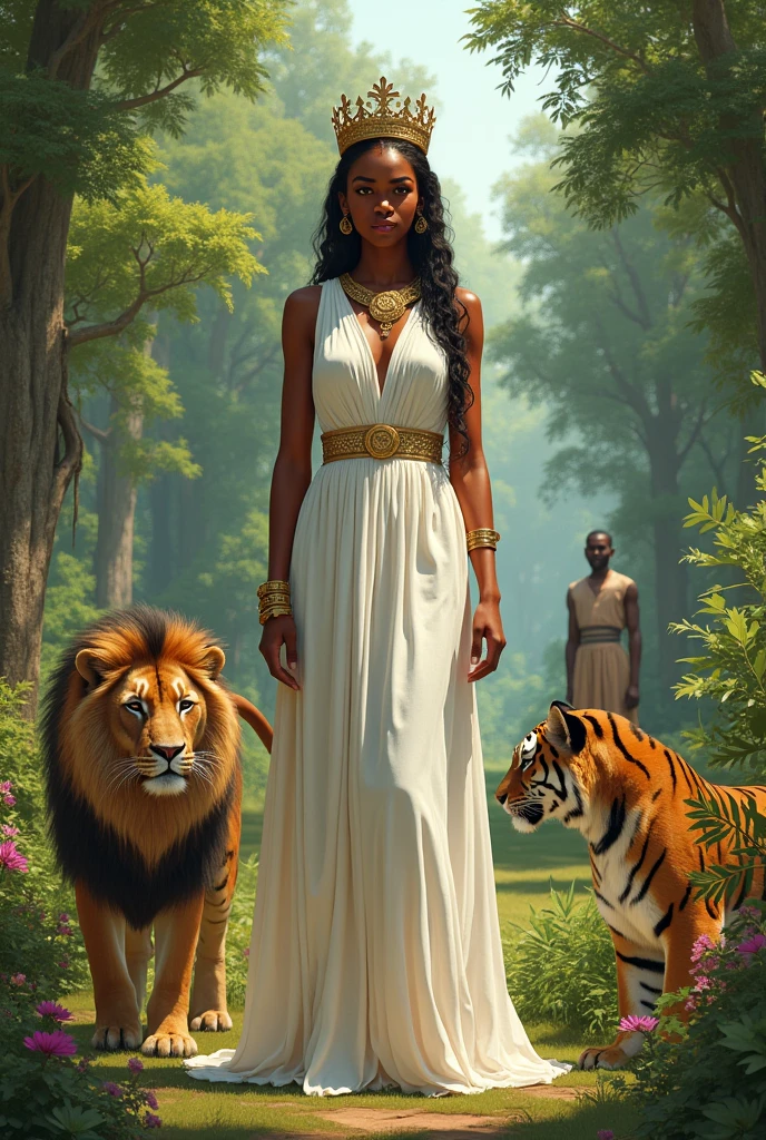 Ethiopian Queen Saba, her skin is more light, her outfit like white cotton dress, her crown like king Solomon, full body, lion and tiger, garden,guard, she is tall.