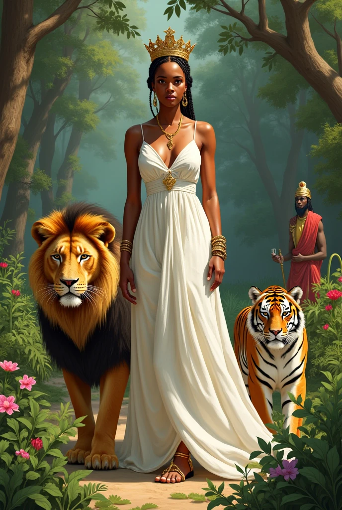 Ethiopian Queen Saba, her skin is more light, her outfit like white cotton dress, her crown like king Solomon, full body, lion and tiger, garden,guard, she is tall.