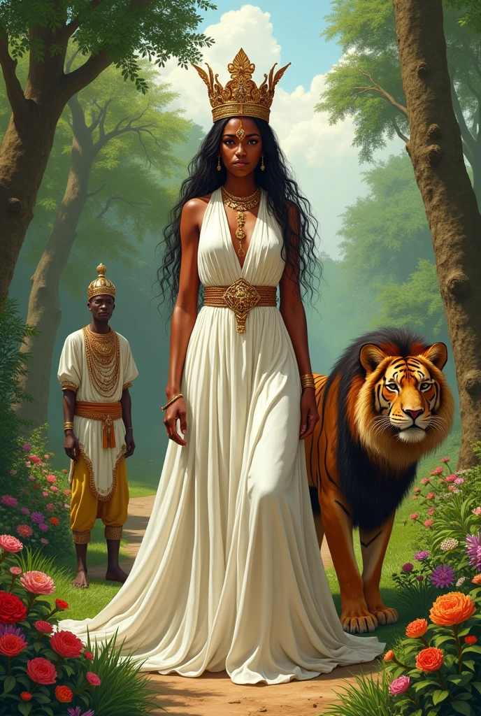 Ethiopian Queen Saba, her skin is more light, her outfit like white cotton dress, her crown like king Solomon, full body, lion and tiger, garden,guard, she is tall.