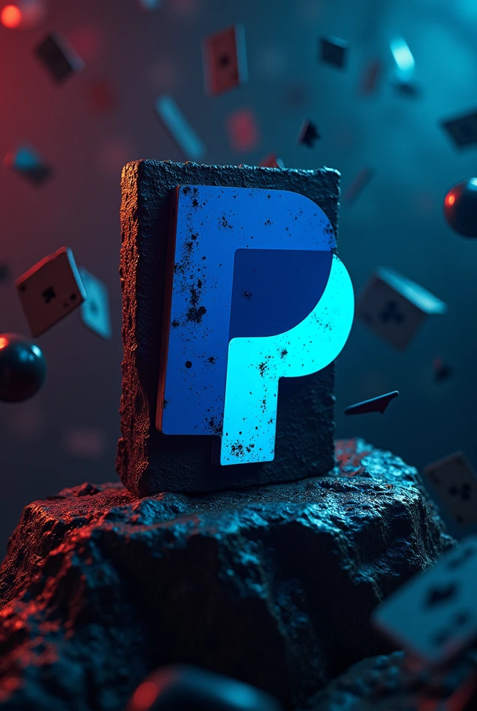 Dirty and toxic PayPal logo on a dark and blue neon wall with playing cards and money flying around