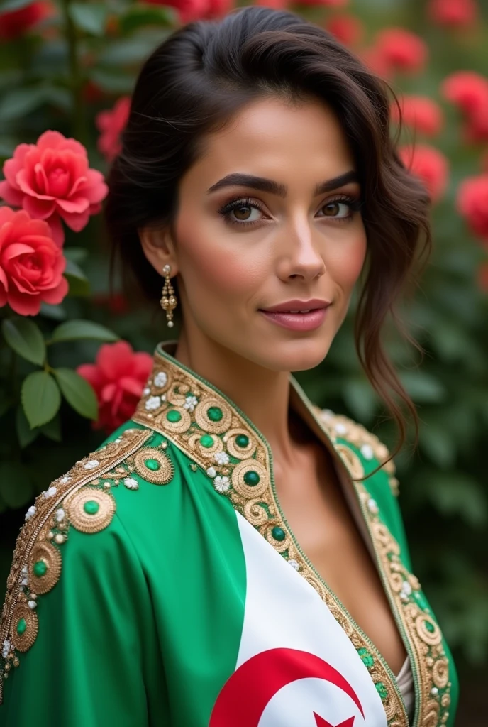 Woman wearing a decorated and embroidered jacket with the finest and most beautiful fashions, and on her shoulder the Algerian flag cloth in white, green and red, half background photo of a flower garden, close-up photo