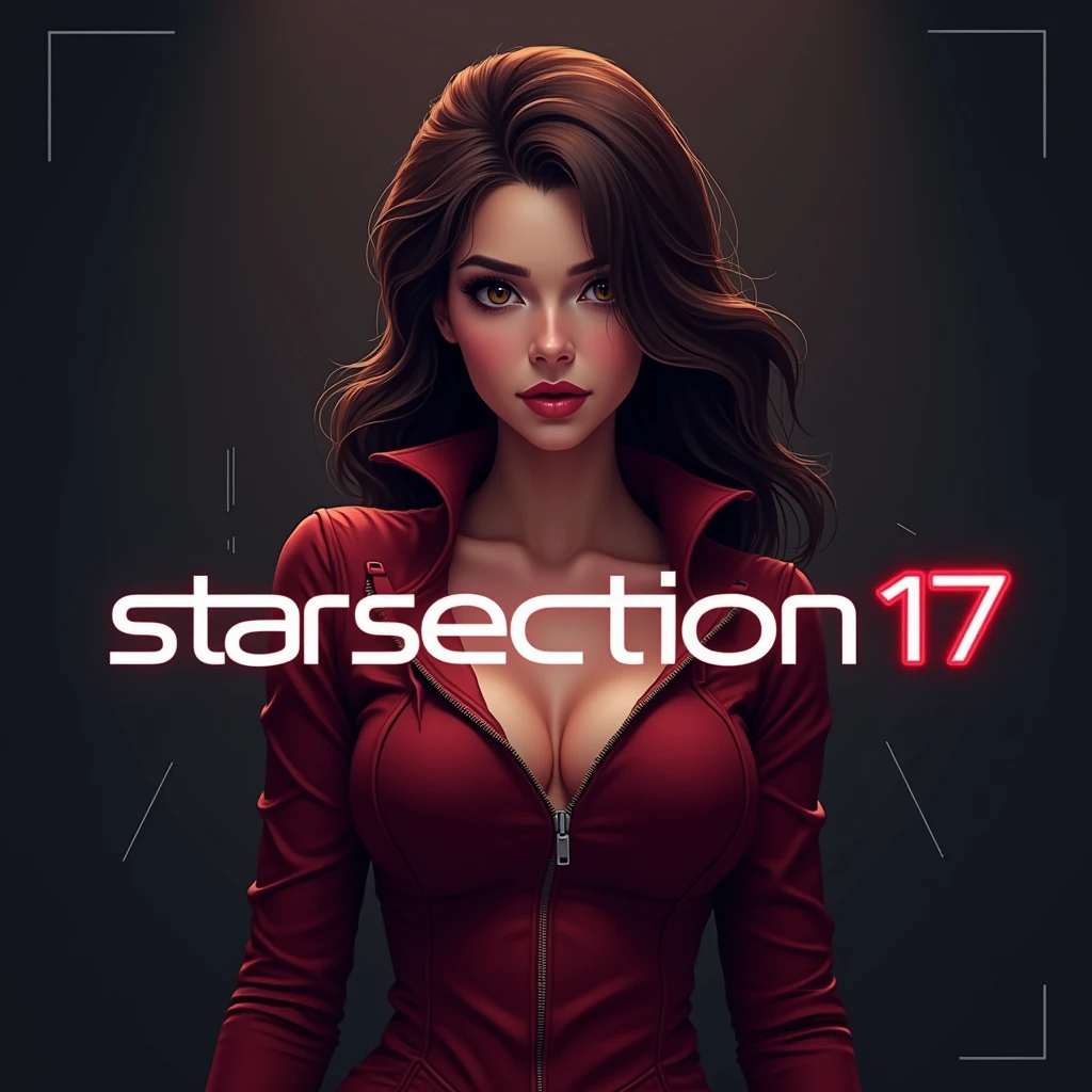 Design a sleek and futuristic gaming logo featuring a (realistic) of a beautiful 20-year-old girl with a confident expression, wearing a half-opened zipped deep cleavage hot red skin-suit that showcases her upper body. (The logo should include the text "StarSection17" in bold, modern letters, prominently placed in the center of the design). The overall aesthetic should be edgy, modern, and attention-grabbing, appealing to a young adult gaming audience.