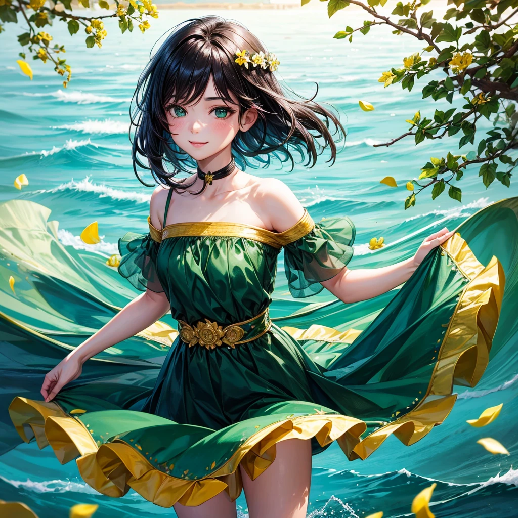 One beautiful and tender portrait of a playful sweet girl with short boyish hair., black hair, Emerald Green Sea, mischievous smile, Dancing petals, (top quality, masterpiece, Ultra-realistic) and petals, floating in the background