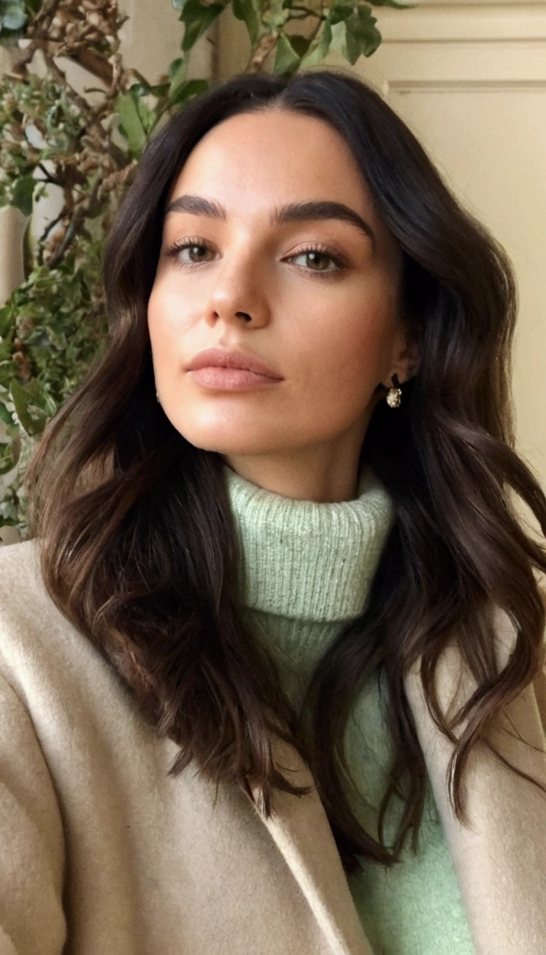 arafed woman with long hair wearing a green turtleneck and a beige coat, julia sarda, headshot profile picture, christina kritkou, kailee mandel, by Emma Andijewska, selfie of a young woman, portrait emily ratajkowski, inspired by Marie-Gabrielle Capet, wearing a green sweater, inspired by Winona Nelson, by Winona Nelson
