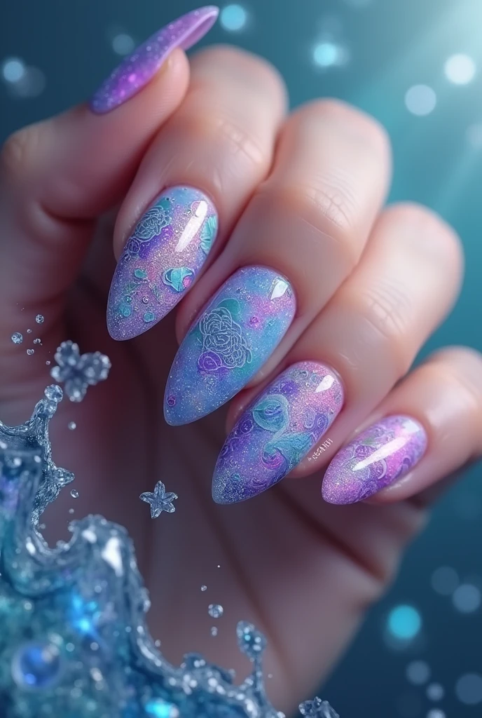 Create an oval nail design with mermaid inspiration and/or things from the sea with purple colors, blue and pink