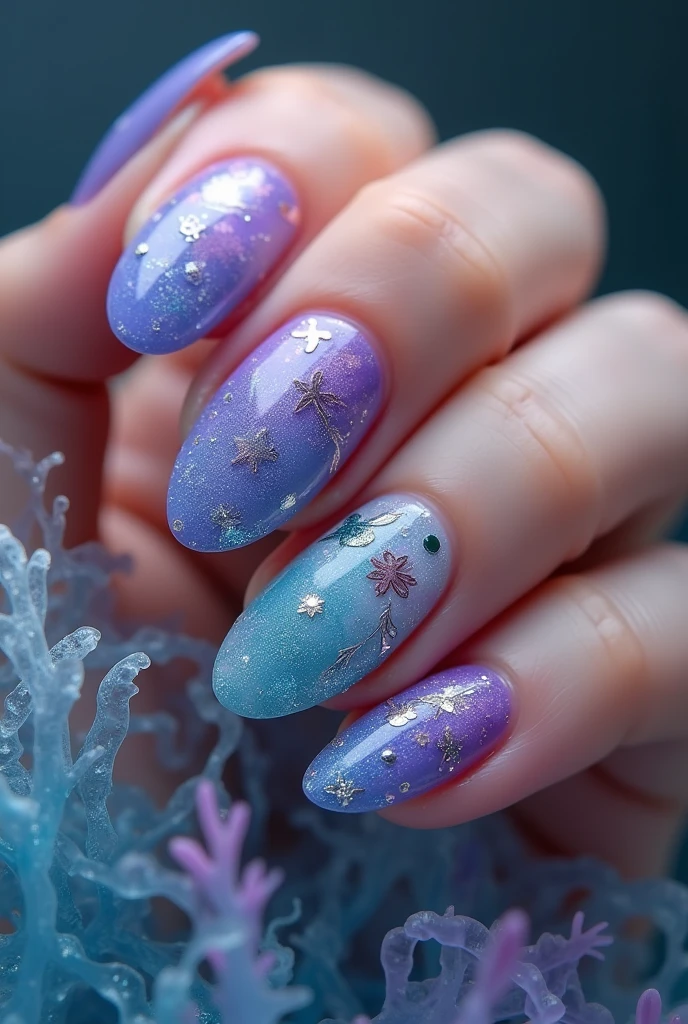 Create an oval nail design with mermaid inspiration and/or things from the sea with purple colors, blue and pink