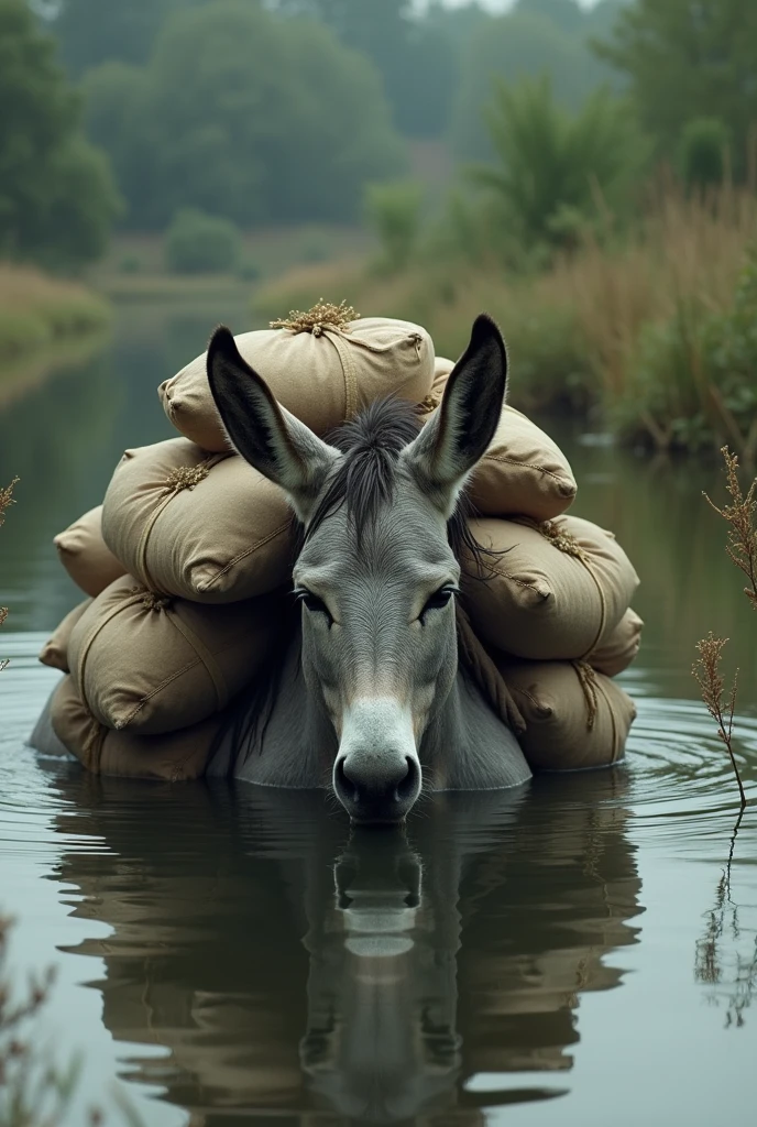 A donkey with many sacks on its back is lying in the water