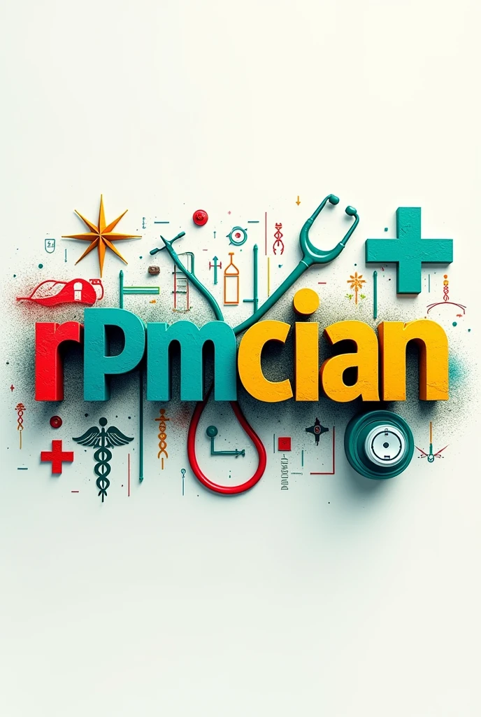 (photorealism:1.2), text design, text is 'RpMCian', text should be in same upscale or downscale, text color is multicolor specially red and yellow and blue and green, text background should be with doctors sign with medical instrument sign in abstract form, text in bold italic font