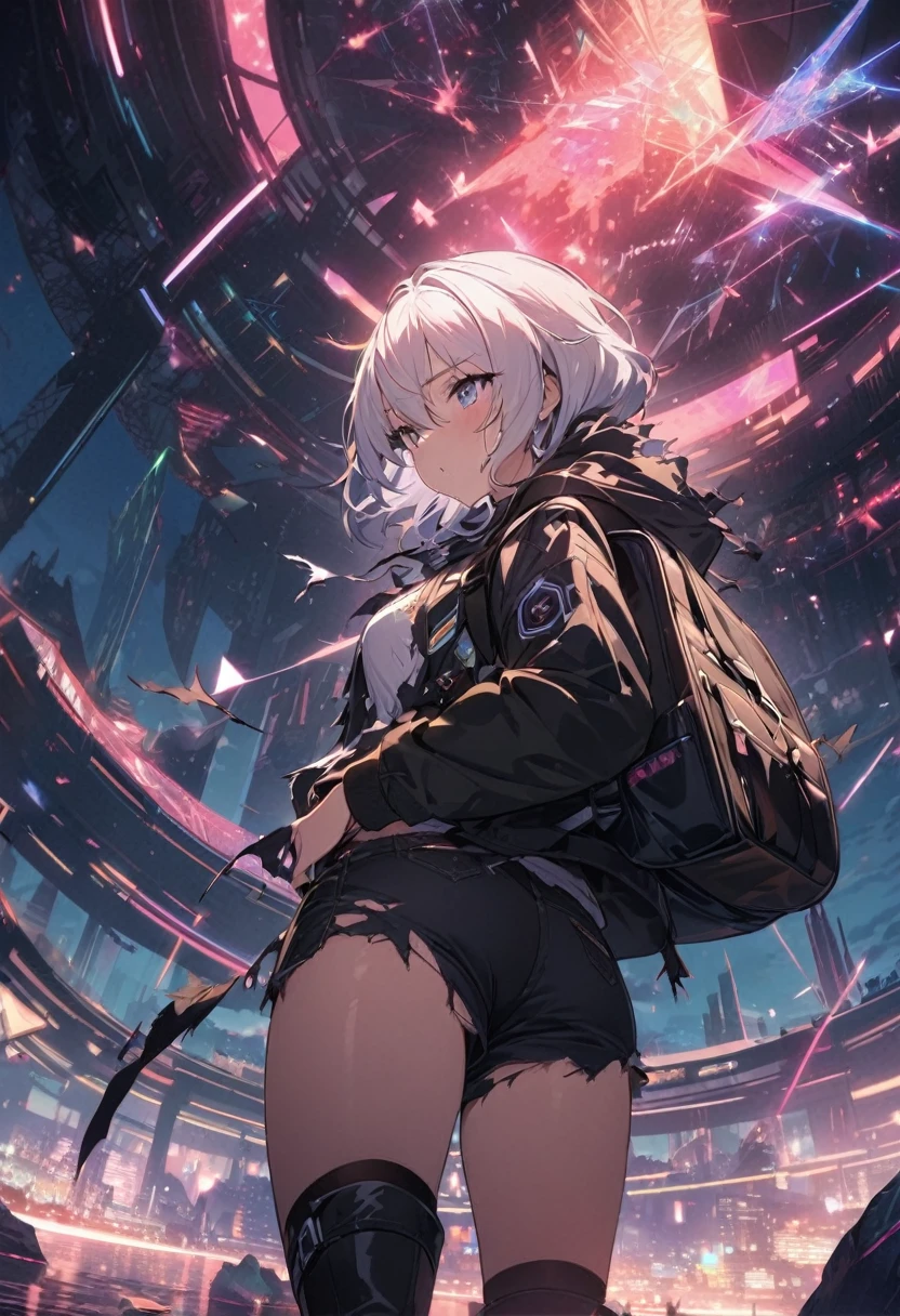 score_9, score_8_up, score_7_up, score_anime, masterpiece, top quality, delicate illustration, sharp lines, sharp focus, BREAK, a traveling girl wandering in the endless night world, the girl wears a hood and has a lot of stuff in her backpack, night , fantastic landscape, beautiful scenery, harmony with nature, spectacular view, futuristic city, (((torn clothes))), (((torn hood))),shorts,boots