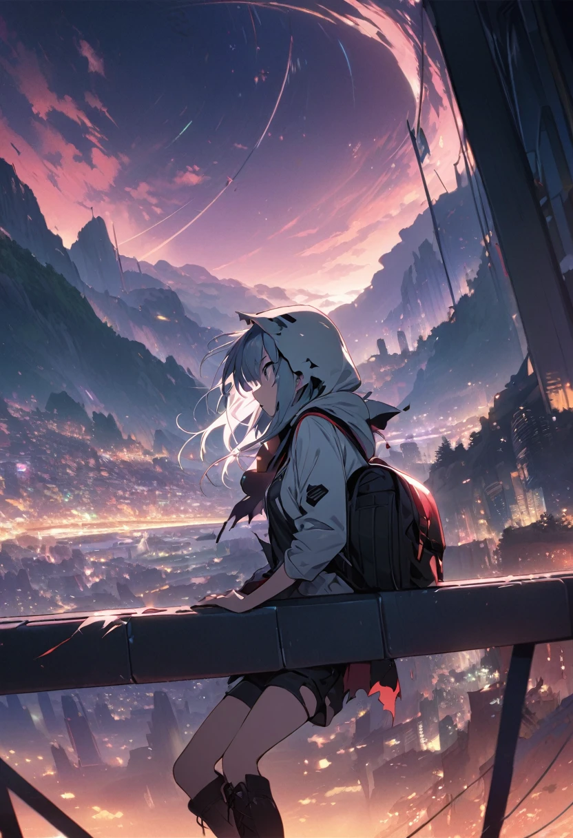 score_9, score_8_up, score_7_up, score_anime, masterpiece, top quality, delicate illustration, sharp lines, sharp focus, BREAK, a traveling girl wandering in the endless night world, the girl wears a hood and has a lot of stuff in her backpack, night , fantastic landscape, beautiful scenery, harmony with nature, spectacular view, futuristic city, (((torn clothes))), (((torn hood))),shorts,boots