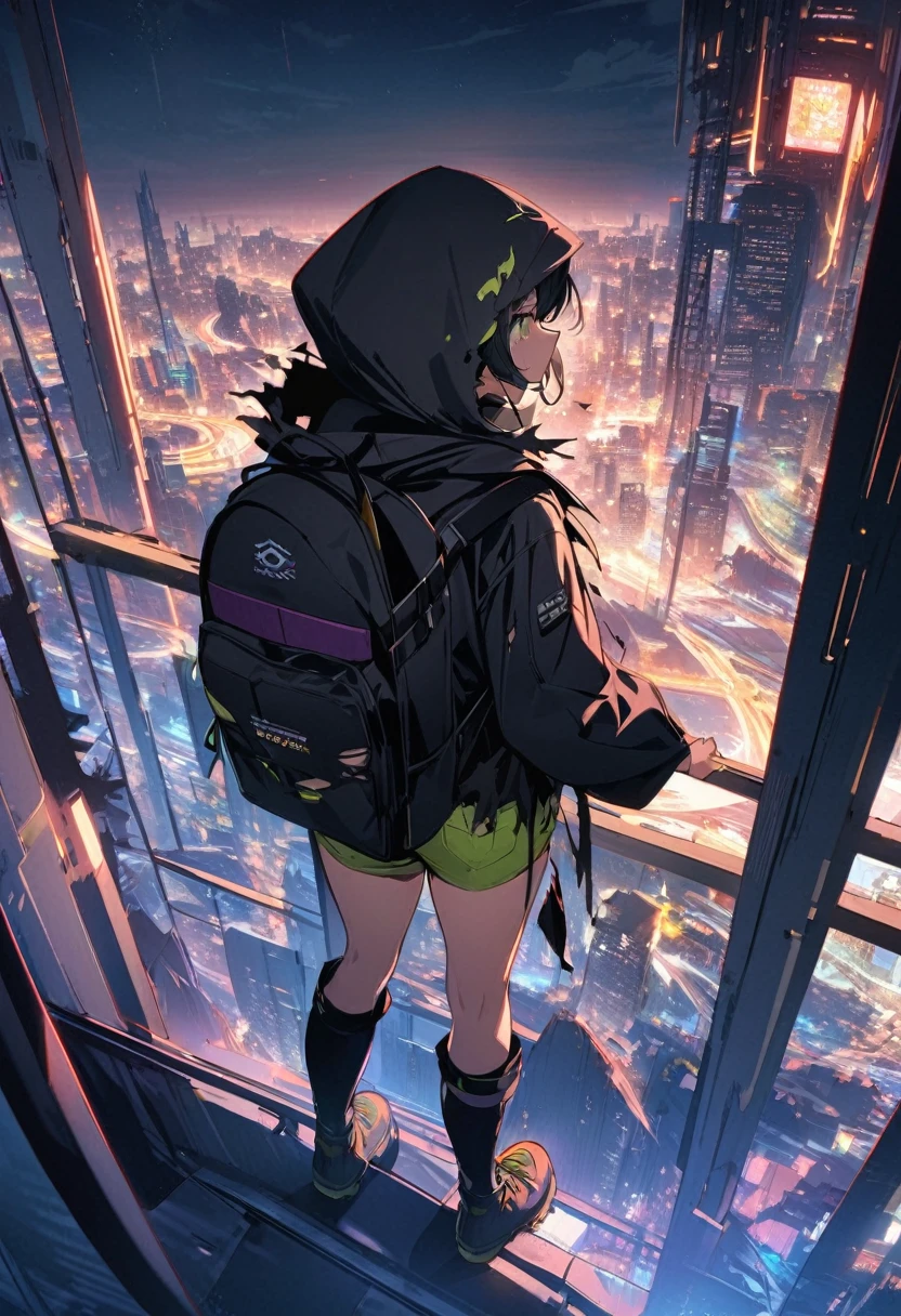 score_9, score_8_up, score_7_up, score_anime, masterpiece, top quality, delicate illustration, sharp lines, sharp focus, BREAK, a traveling girl wandering in the endless night world, the girl wears a hood and has a lot of stuff in her backpack, night , fantastic landscape, beautiful scenery, harmony with nature, spectacular view, futuristic city, (((torn clothes))), (((torn hood))),shorts,boots